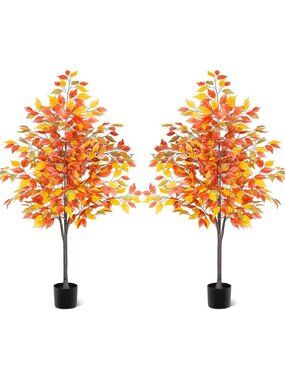 Set of 2 - 5ft Fall Ficus Trees with Pots | Autumn Home Decor Accent